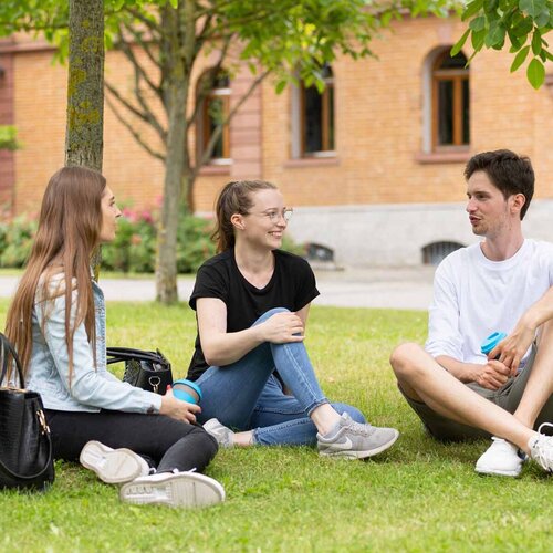 Drei Studierende sitzen auf der Campus Wiese und unterhalten sich