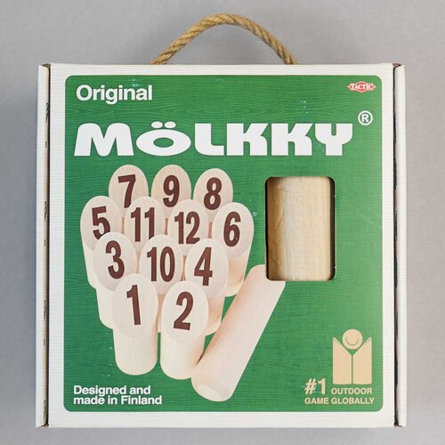 Original Mölkky Spiel in grünem Karton mit Holzstäben