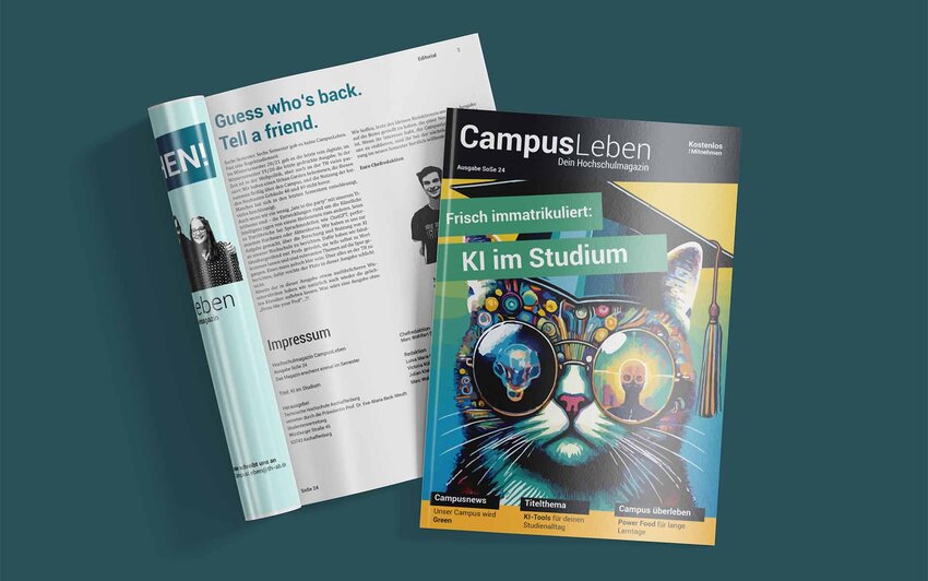 Das CampusLebenmagazin mit einer KI-generierten Katze als Titelbild. Daneben eine weitere aufgeschlagene Ausgabe.