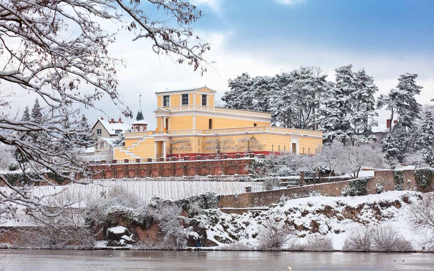 Blick vom Mainufer auf das gelbe Pompejanum-Gebäude im Schnee