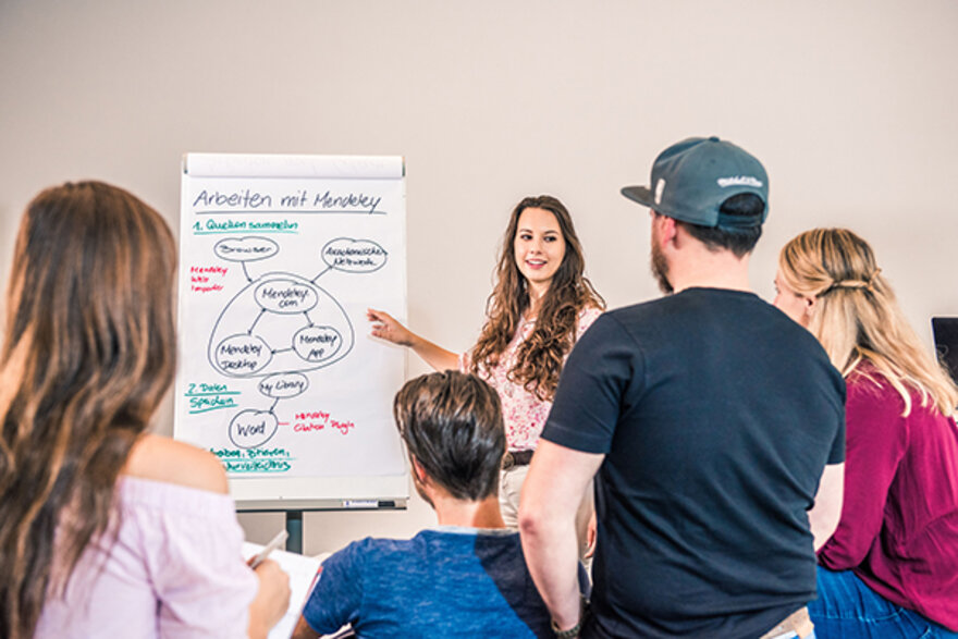 Vier Studierende hören einer Studentin, Referentin, zeigt auf Flipchart mit Grafik