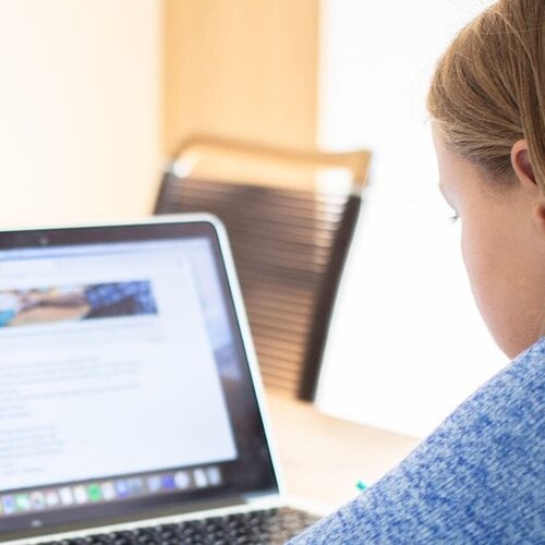 Schülerin arbeitet mit Mäppchen und Laptop an einem Tisch