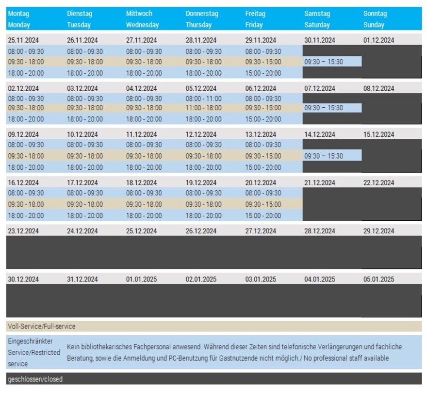 Öffnungszeiten Dezember 2024