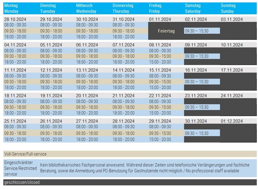 Öffnungszeiten Bibliothek November 2024