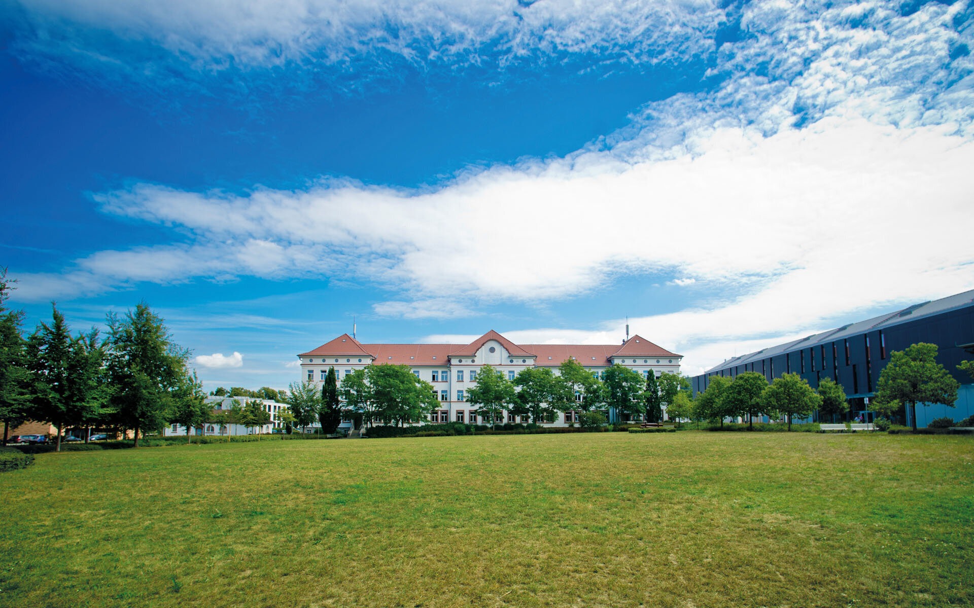 Campus-Wiese und Gebäude 20 am Campus 1 Hochschulgebäude der Technischen Hochschule Aschaffenburg, umgeben von Grünanlagen an einem sonnigen Tag.